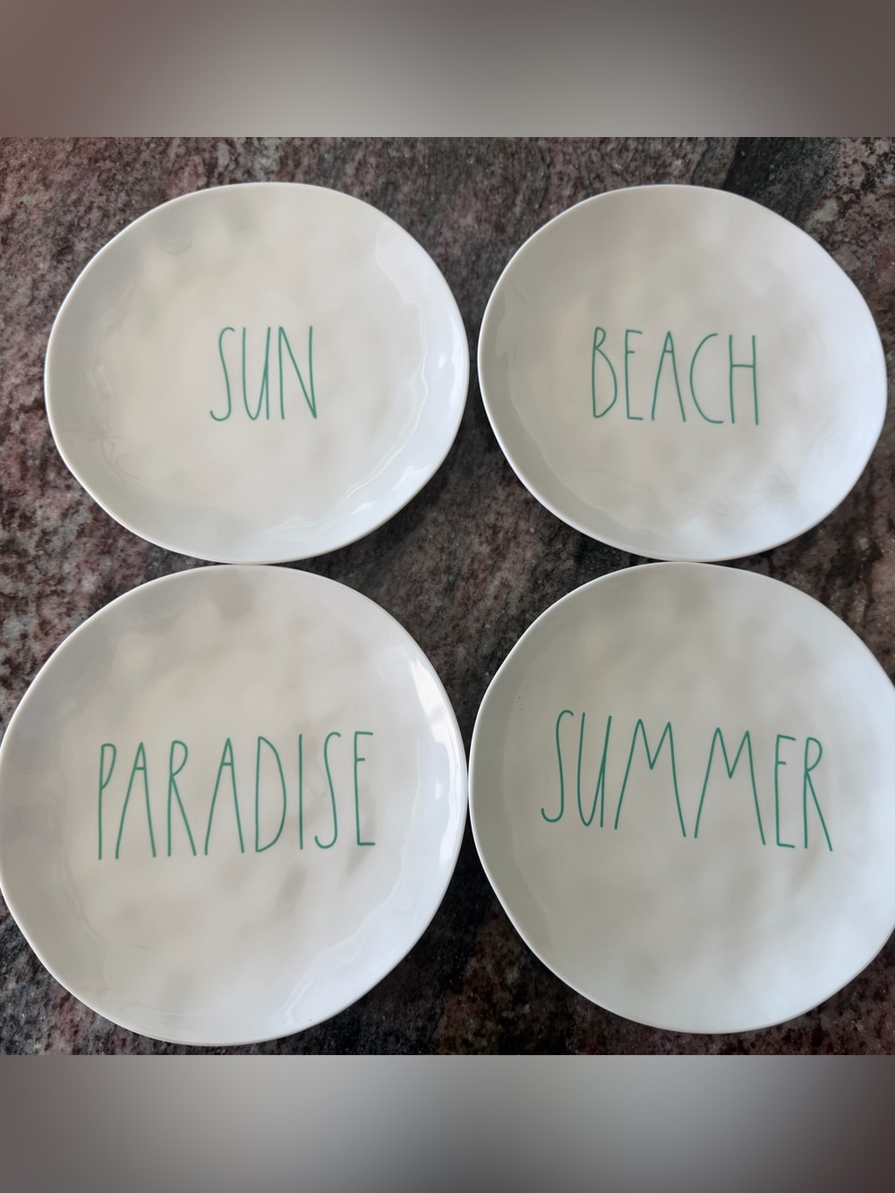 Rae Dunn Set of 12 Beach & Summer Melamine Salad Plates 8” with Teal Lettering